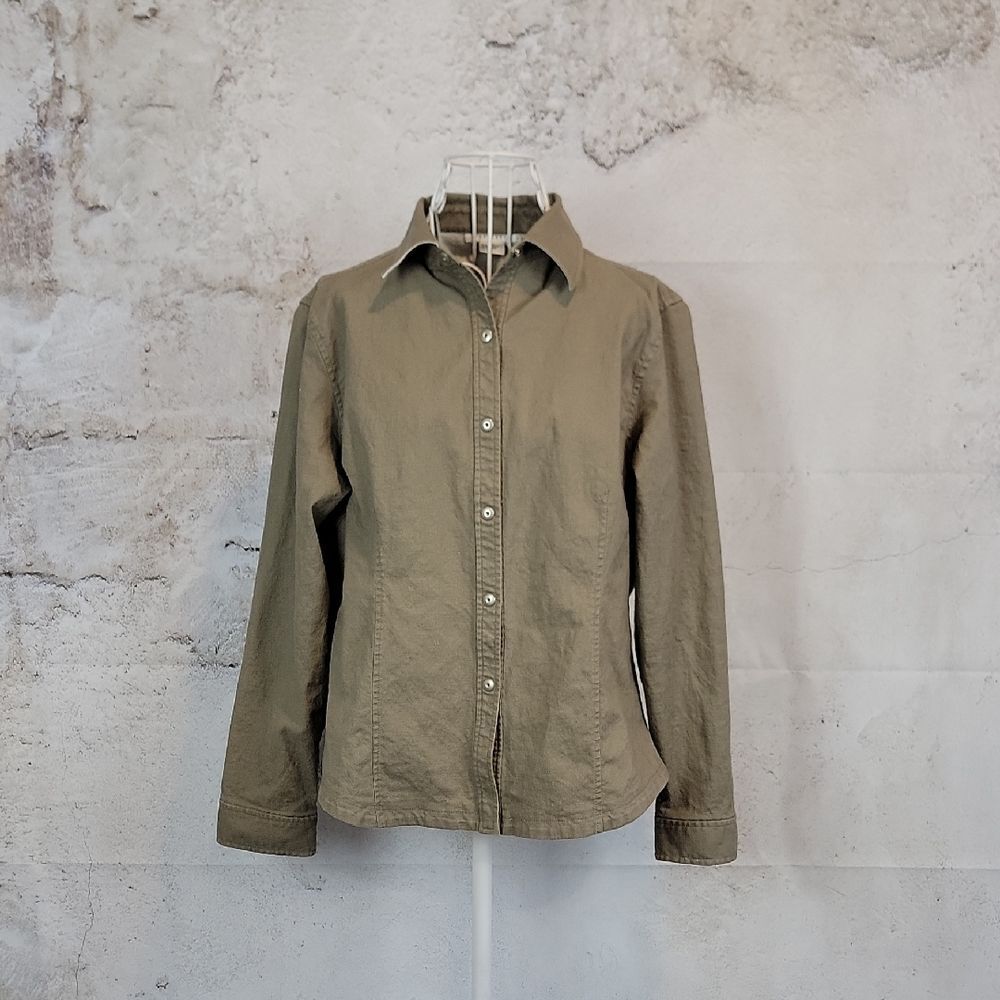 Co & Eddy Olive Tan Button-Up Shirt Linen Womens Size L
